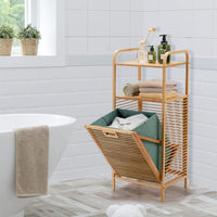 Armadietto da Terra Mobiletto Bagno 2 Ripiani Autoportante, con Sacco Portabiancheria, Adatto anche per Camera da Letto Salotto, in Bambù, 40,5 x 33 x 95,5 cm