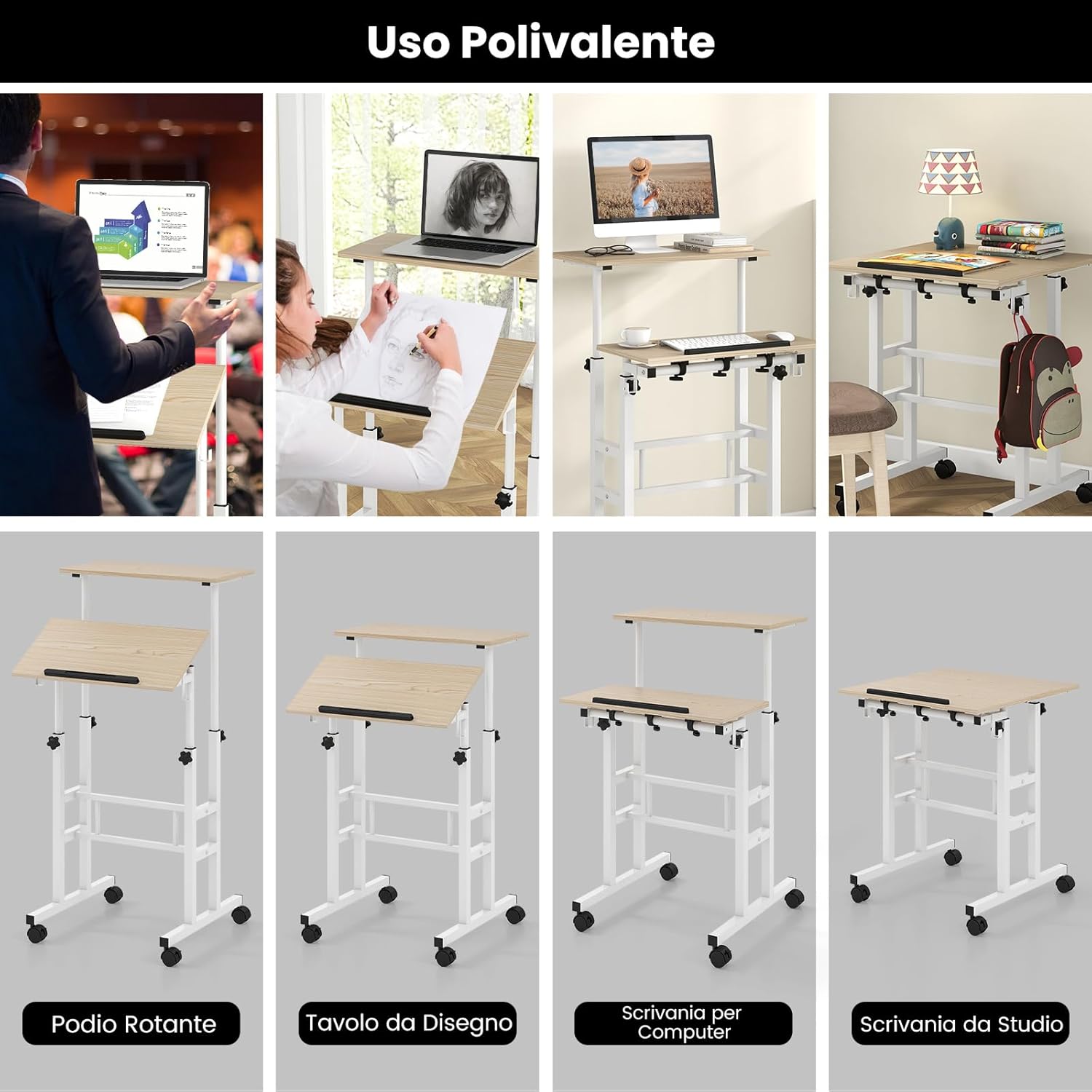 Scrivania per Computer Regolabile in Altezza, Postazione di Lavoro per Computer con Ruote e Ganci, Tavolo Porta PC per Studio e Ufficio, 60 x 60 x 72-124 cm (Naturale)