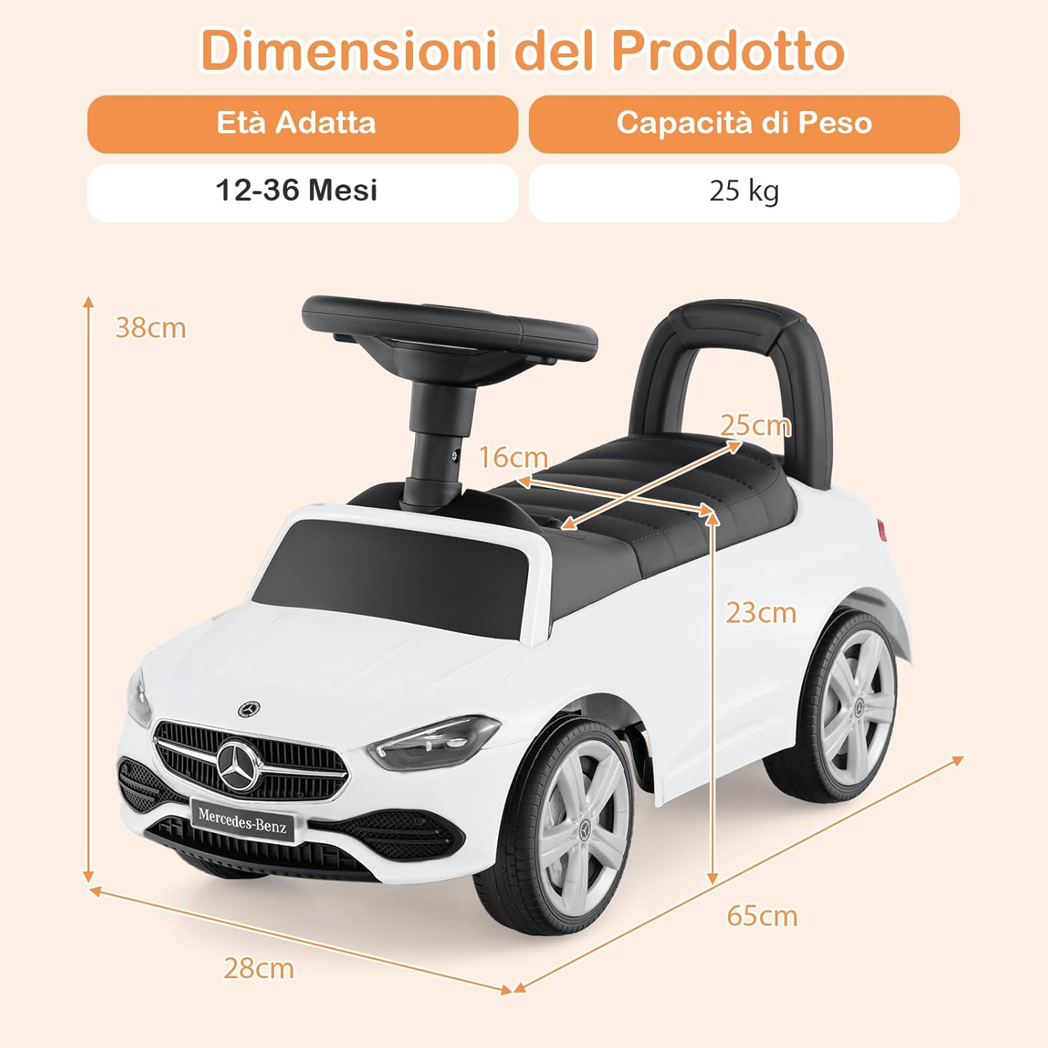 Mercedes Benz Macchinina Cavalcabile a Spinta per Bambini, Auto da Gioco con Volante Clacson e Suono, Spazio di Archiviazione, Auto a Spinta per bambini 1-3 Anni (Bianco)