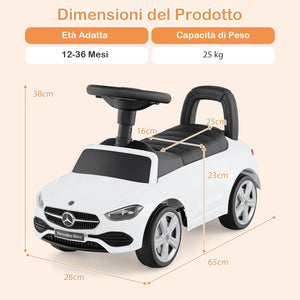 Mercedes Benz Macchinina Cavalcabile a Spinta per Bambini, Auto da Gioco con Volante Clacson e Suono, Spazio di Archiviazione, Auto a Spinta per bambini 1-3 Anni (Bianco)