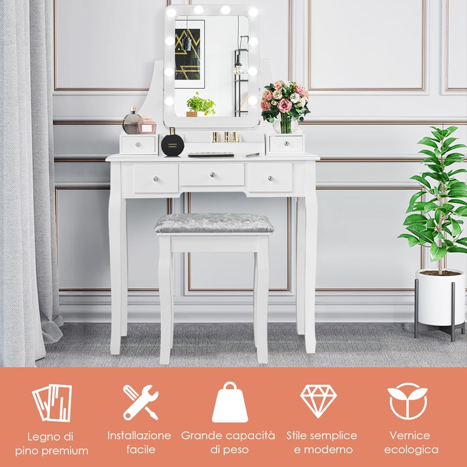 Toeletta Trucco con Specchio Girevole a 360° e 10 Luci LED, Postazione Trucco con Sgabello Imbottito, 5 Cassetti e Organizzatori, Tavolo da Trucco Moderno, 136x80x40cm (Bianco)