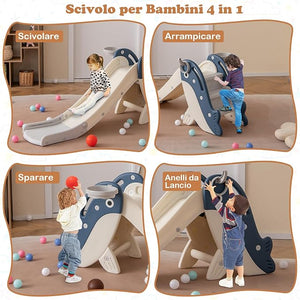 4 in 1 Scivolo per Bambini, Set da Giocattolo Arrampicata con Canestro da Basket Lancio Palla ed Anelli, Scivolo Pieghevole da Interno ed Esterno per Bambini 3 Anni +