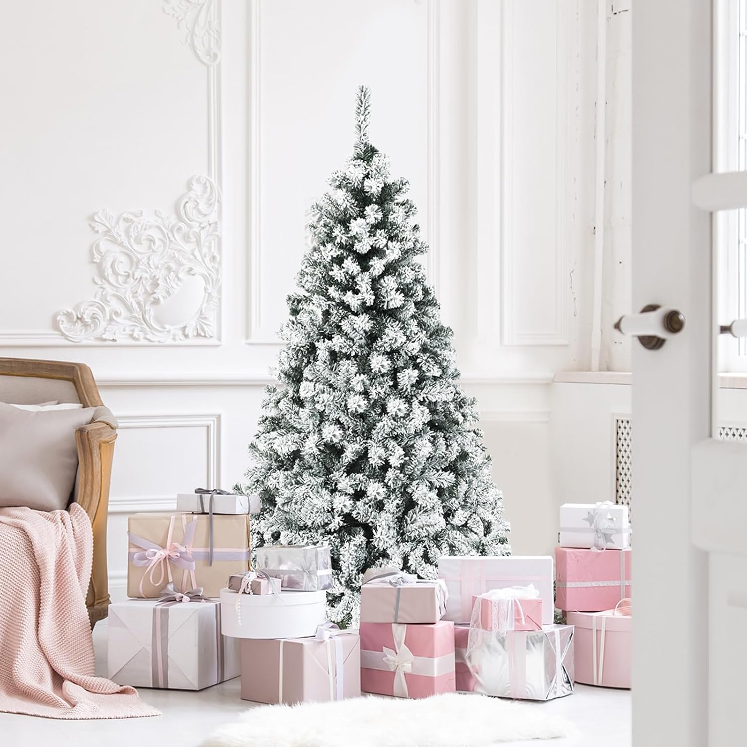 Albero di Natale Innevato 180/225 cm, Albero di Natale con 250/450 Luci a LED Bianco Caldo, 600/1010 Rami Folti e Base Metallica, Ideale per Casa, Ufficio e Negozio (180 CM)