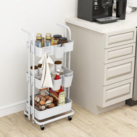 Carrello a 3 Ripiani, Carrello da Cucina Pieghevole con 3 Tazze Appendibili e 6 Ganci, Carrello da Conservazione Multiuso per Casa Ufficio, 45 x 37 x 92 cm