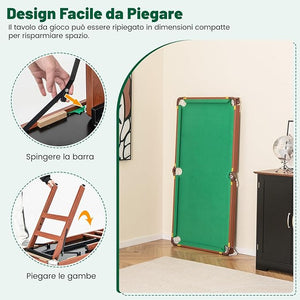 Set Tavolo da Biliardo Pieghevole, Tavolo da Gioco Biliardo Portatile con Livellatori Regolabili per Piedi, 2 Stecche 2 Gessi 16 Palline Spazzola, per Giochi in Famiglia Bar, 138x67x79,5 cm