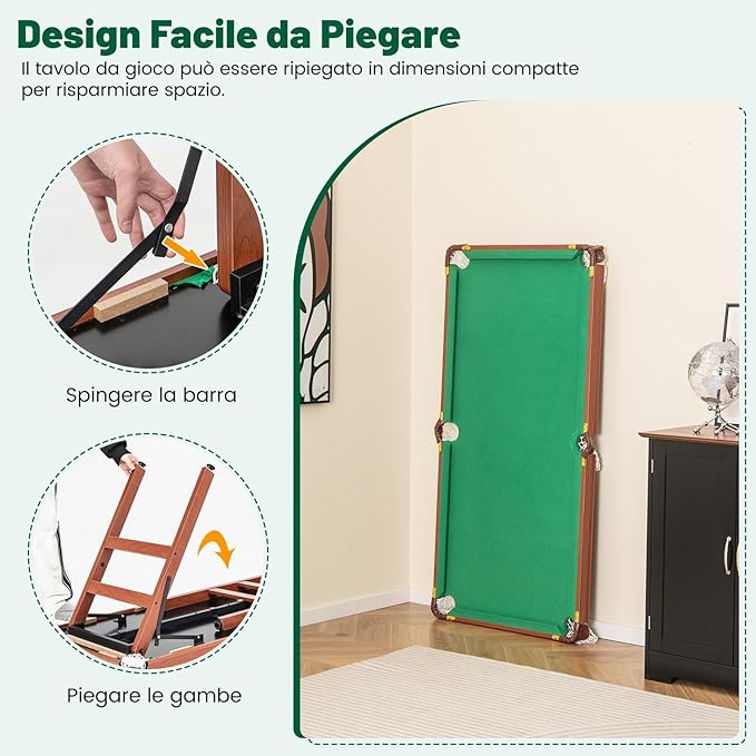 Set Tavolo da Biliardo Pieghevole, Tavolo da Gioco Biliardo Portatile con Livellatori Regolabili per Piedi, 2 Stecche 2 Gessi 16 Palline Spazzola, per Giochi in Famiglia Bar, 138x67x79,5 cm