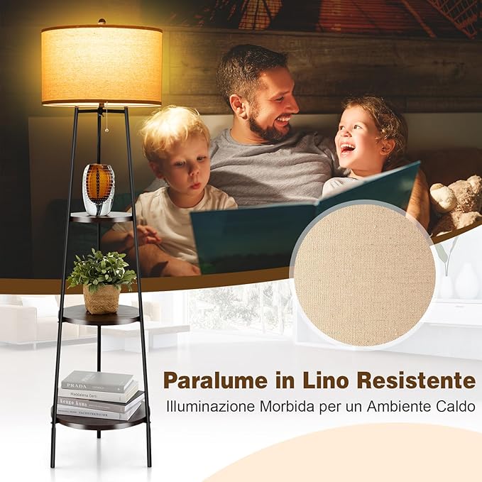 Lampada da Terra con 3 Ripiani, Lampada da Stelo con Paralume in Lino, Lampada Moderna per Soggiorno, Camera da Letto e Ufficio, 41 x 153 cm