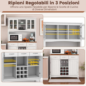 Credenza da Cucina, Armadietto Dispensa da Cucina Alto con Ante in Vetro Temperato, Portabottiglie, Ripiani Regolabili, Mobile Moderno per Cucina con 3 Cassetti e Ripiani Aperti (Bianco)