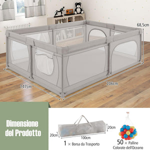 Recinto per Bambini con Materasso, Box per Bambini con Tappetino, Rete Traspirante e Apertura a Cerniera, Box Giochi con Borsa, 4 Impugnature e 50 Palline, per Bambibi 0-3 Anni (Grigio Chiaro)