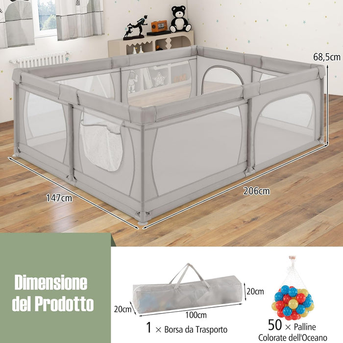 Recinto per Bambini con Materasso, Box per Bambini con Tappetino, Rete Traspirante e Apertura a Cerniera, Box Giochi con Borsa, 4 Impugnature e 50 Palline, per Bambibi 0-3 Anni (Grigio Chiaro)