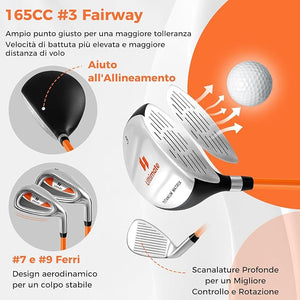 Set Completo di Mazze da Golf per Bambini, Inculude Fairway 3, Ferri 7 e 9, Putter, Copritesta, Borsa Portatile e Cappuccio Antipioggia, Set da Golf per Destrimano(Per 11-13 Anni)