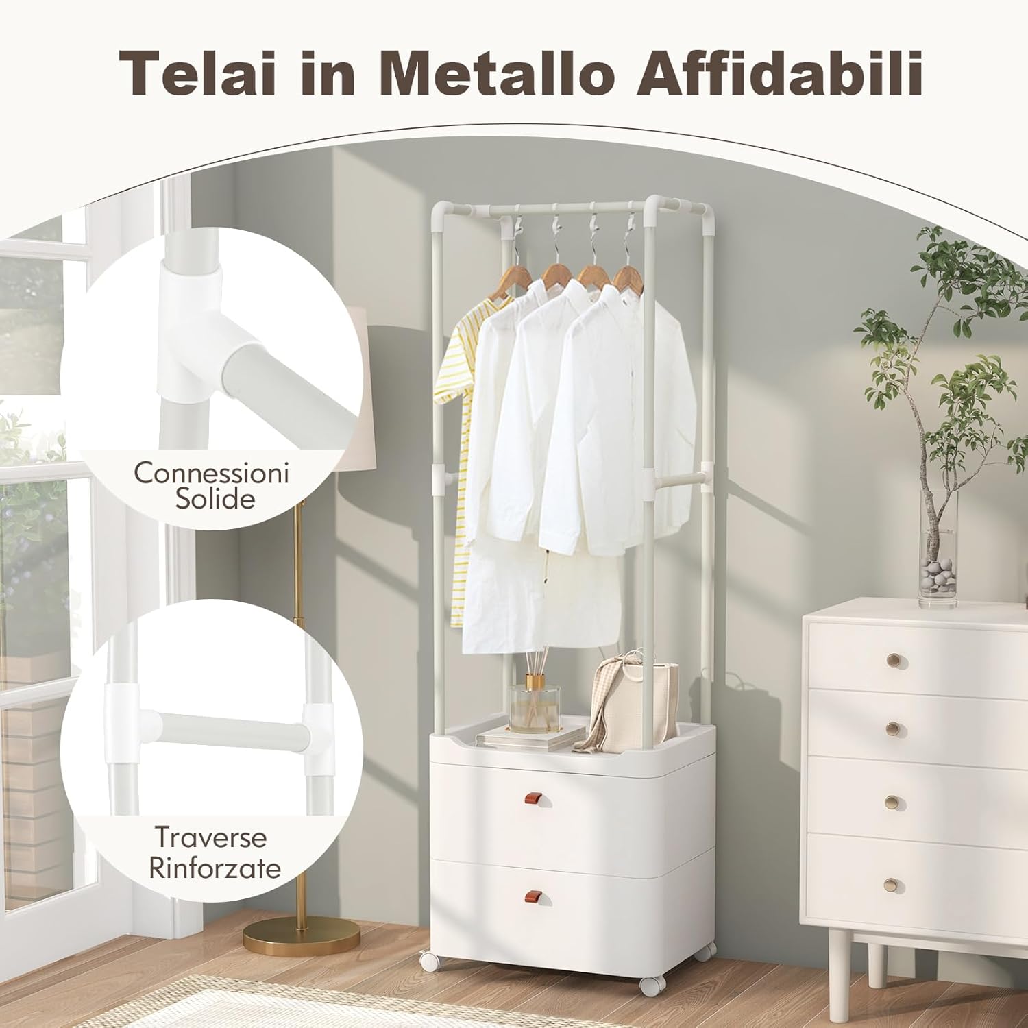 Appendiabiti con 2 Cassetti e Ruote Bloccabili, stand appendiabiti con 4 Ganci Rimovibili e Ripiani di Stoccaggio, Per Ingresso Camera da Letto Spogliatoio, 52x40x161 cm