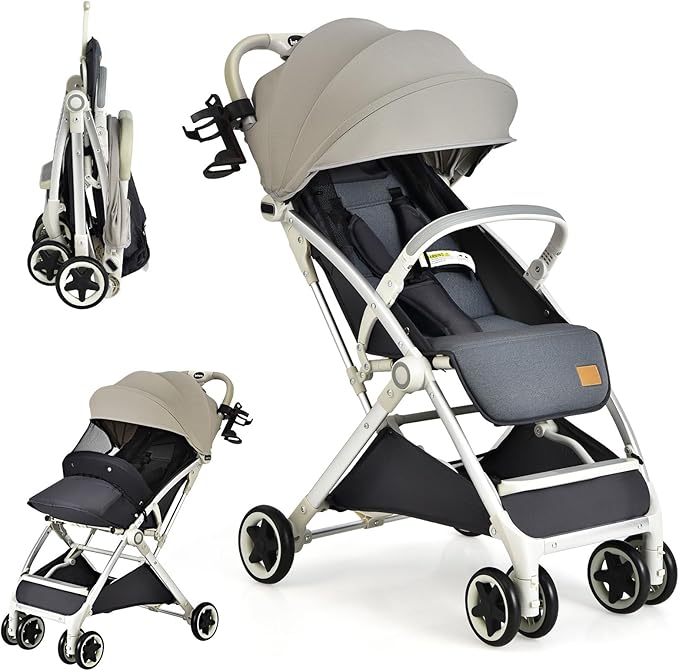 Passeggino Leggero per Bambini, Carrozzina con Schienale Regolabile, Passeggino Pieghevole con Ruote Universali, Sacco a fondo,per Bambini 0-36 Mesi, Portata 15 kg(Grigio)