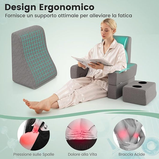 Set di 3 Cuscini da Lettura, Cuscino per Leggere con Tasca Laterale Portabicchieri e Cuscino a Cuneo per Schiena con Appoggio, per Rissarsi Leggere e Giocare, Grigio