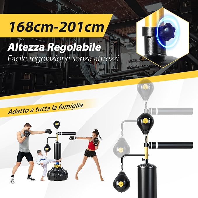 Bersaglio Boxe Multifunzionale da Terra, Sacco da Boxe con Asta Rotante a 360°Autonoma con 2 Palle, Altezza Regolabile e Base Riempibile, per Casa o Palestra