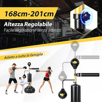 Bersaglio Boxe Multifunzionale da Terra, Sacco da Boxe con Asta Rotante a 360°Autonoma con 2 Palle, Altezza Regolabile e Base Riempibile, per Casa o Palestra