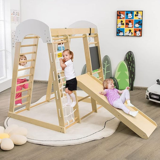 Set Arrampicata 8 in 1 per Bambini, Rocce da Arrampicata e Scala, con Scivolo Rete da Arrampicata, Barra Orizzontale, Centro attività di Legno per Bambini 3 Anni + (Stile 1 Naturale)