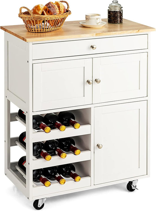 Carrello da Cucina, con Portabottiglie Tre Ante e Ruote, Credenza Cucina in Legno di Pino e MDF, Ideale per Soggiorno e Cucina, 67 x 37 x 86 cm (Bianco)