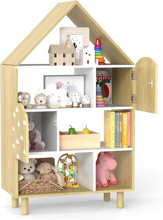 Scaffale per Bambini a Forma di Casa, Libreria Multiusa con 2 Ante, Sistema Anti-ribaltamento e Gambe in Legno per Sala Giochi Asilo Camera da Letto, 60 x 30 x 103 cm