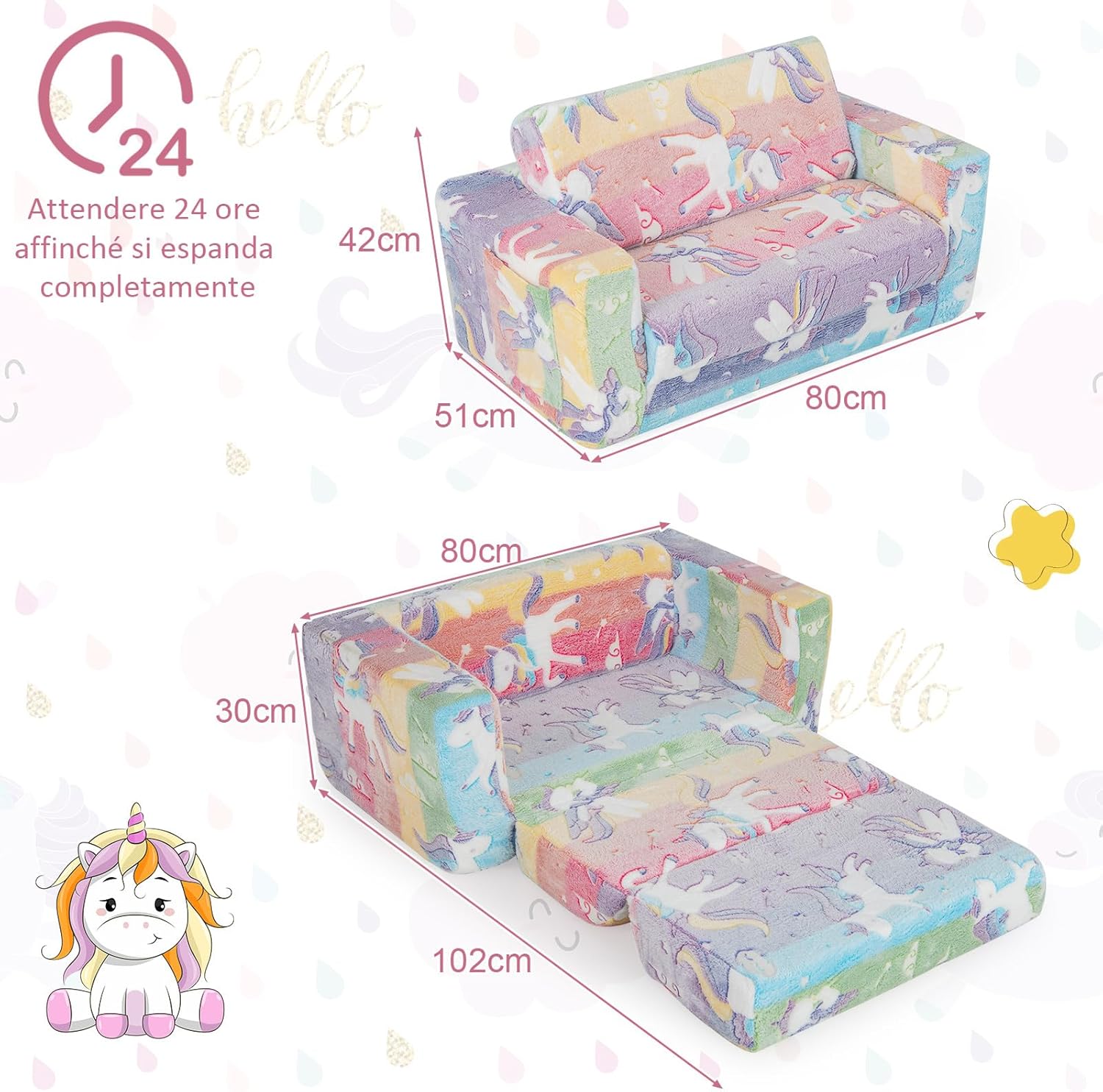 Divano Poltrona per Bambini 2 in 1 con Schienale Ribaltabile, Divano Multifunzionale per Bambini con Copertura in Flanella Rimovibile, per Bambini Sotto 12 Anni