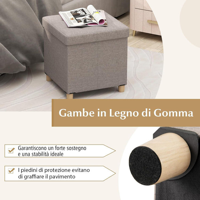Pouf Contenitore da 45 cm, Sgabello con Vassoio e Gambe in Legno di Gomma, Poggiapiedi Imbottito, Sgabello per Scarpe Quadrato per Soggiorno, Portata 150 kg (Grigio)