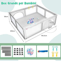 Box per Bambini, Centro Attivit¨¤ Portatile con Cancelli di Sicurezza, con Ventose Antiscivolo, Pareti a Rete Traspirante e 4 Anelli per Bambini, con 50 Palline, 206 x 185,5 x 68CM (grigio)