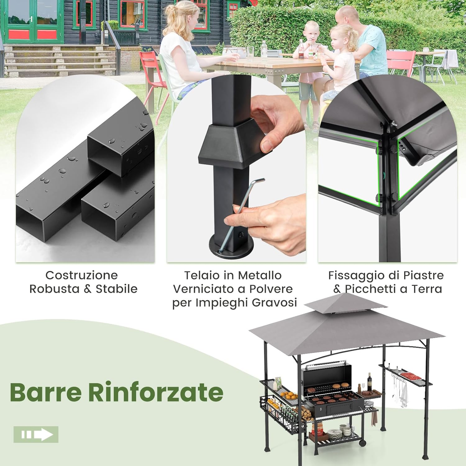 Gazebo per Barbecue, Pergola per BBQ con 2 Ripiani Laterali, Cestino, Ganci Appendiutensili, Apribottiglie, Copertura a 2 Livelli, per Giardino e Cortile, 242 x 153 x 250 cm (Grigio)