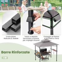 Gazebo per Barbecue, Pergola per BBQ con 2 Ripiani Laterali, Cestino, Ganci Appendiutensili, Apribottiglie, Copertura a 2 Livelli, per Giardino e Cortile, 242 x 153 x 250 cm (Grigio)