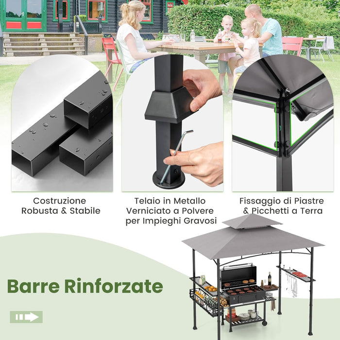 Gazebo per Barbecue, Pergola per BBQ con 2 Ripiani Laterali, Cestino, Ganci Appendiutensili, Apribottiglie, Copertura a 2 Livelli, per Giardino e Cortile, 242 x 153 x 250 cm (Grigio)