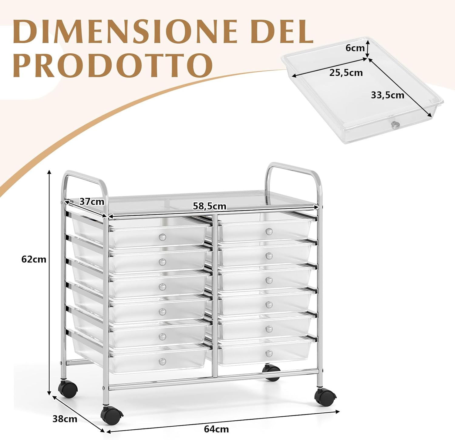 Carrello di Stoccaggio con 20 Cassetti, Carrello portaoggetti con 4 Ruote, Carrello Multiuso per Scuola Ufficio Cucina, 64 x 39 x 88 cm (12 cassetti Trasparente)