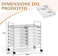 Carrello di Stoccaggio con 20 Cassetti, Carrello portaoggetti con 4 Ruote, Carrello Multiuso per Scuola Ufficio Cucina, 64 x 39 x 88 cm (12 cassetti Trasparente)