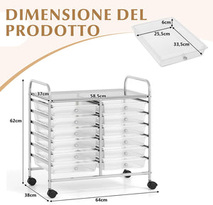 Carrello di Stoccaggio con 20 Cassetti, Carrello portaoggetti con 4 Ruote, Carrello Multiuso per Scuola Ufficio Cucina, 64 x 39 x 88 cm (12 cassetti Trasparente)