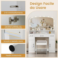 Toeletta da Trucco con 10 Luci, Set Tavolo e Sgabello da Trucco con Stazione di Ricarica, 3 Colori di Luce, 3 Cassetti, 2 Armadietti, Consolle Toeletta per Soggiorno Camera da Letto (Bianco)