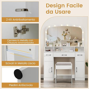 Toeletta da Trucco con 10 Luci, Set Tavolo e Sgabello da Trucco con Stazione di Ricarica, 3 Colori di Luce, 3 Cassetti, 2 Armadietti, Consolle Toeletta per Soggiorno Camera da Letto (Bianco)