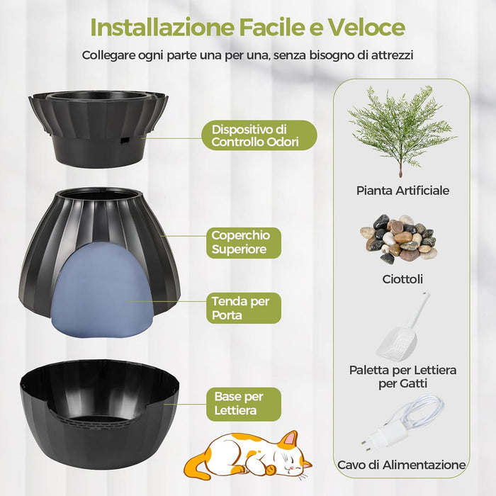 Lettiera per Gatti Smart con Rimozione Elettronica degli Odori e Sterilizzazione, Pianta Finta, Ciottoli, Tenda per la Porta, Paletta, Adatta per Gatti Grandi e Cuccioli (Nero)