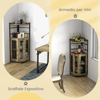 Mobile Bar Angolare, Mobiletto Multiuso con Porta Bicchieri, 2 Porte Ventilate in Rete Metallica e Ripiano Regolabile, per Cucina, Sala da Pranzo e Soggiorno (Marrone Rustico)