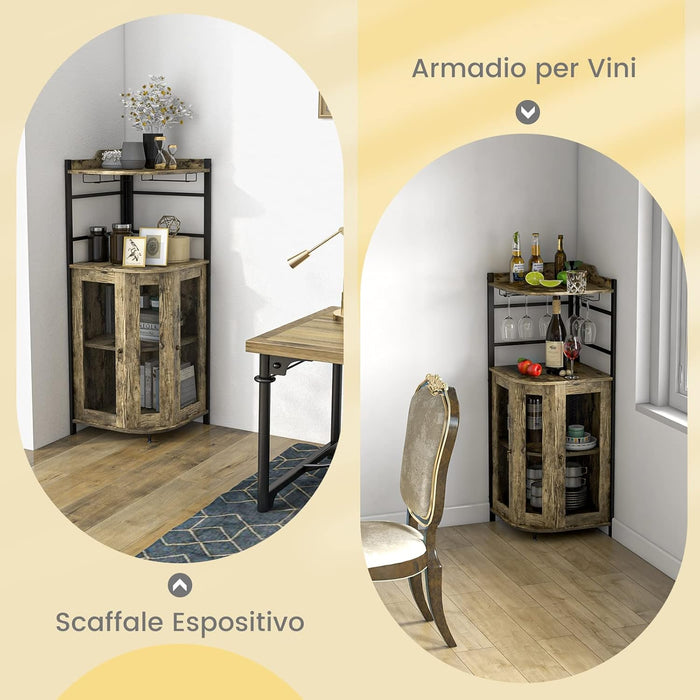 Mobile Bar Angolare, Mobiletto Multiuso con Porta Bicchieri, 2 Porte Ventilate in Rete Metallica e Ripiano Regolabile, per Cucina, Sala da Pranzo e Soggiorno (Marrone Rustico)