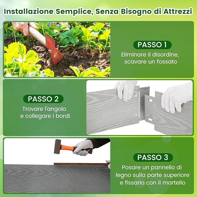 Bordatura da Giardino 6 M, Set di 6 Bordi per Aiola 110 x 20 cm in Metallo Zincato con un Paio di Guanti, Recinzione Flessibile e Forma Regolabile