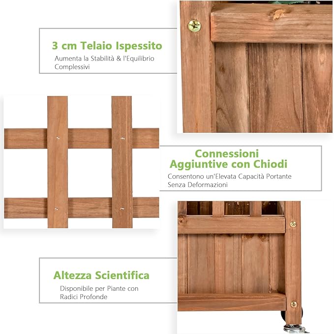 Fioriera in Legno Massiccio con Traliccio, Letto per Piante Rampicanti con Grigliato, Ruote Bloccabili e Foro di Drenaggio, Fioriera da Giardino, Terrazza e Cortile
