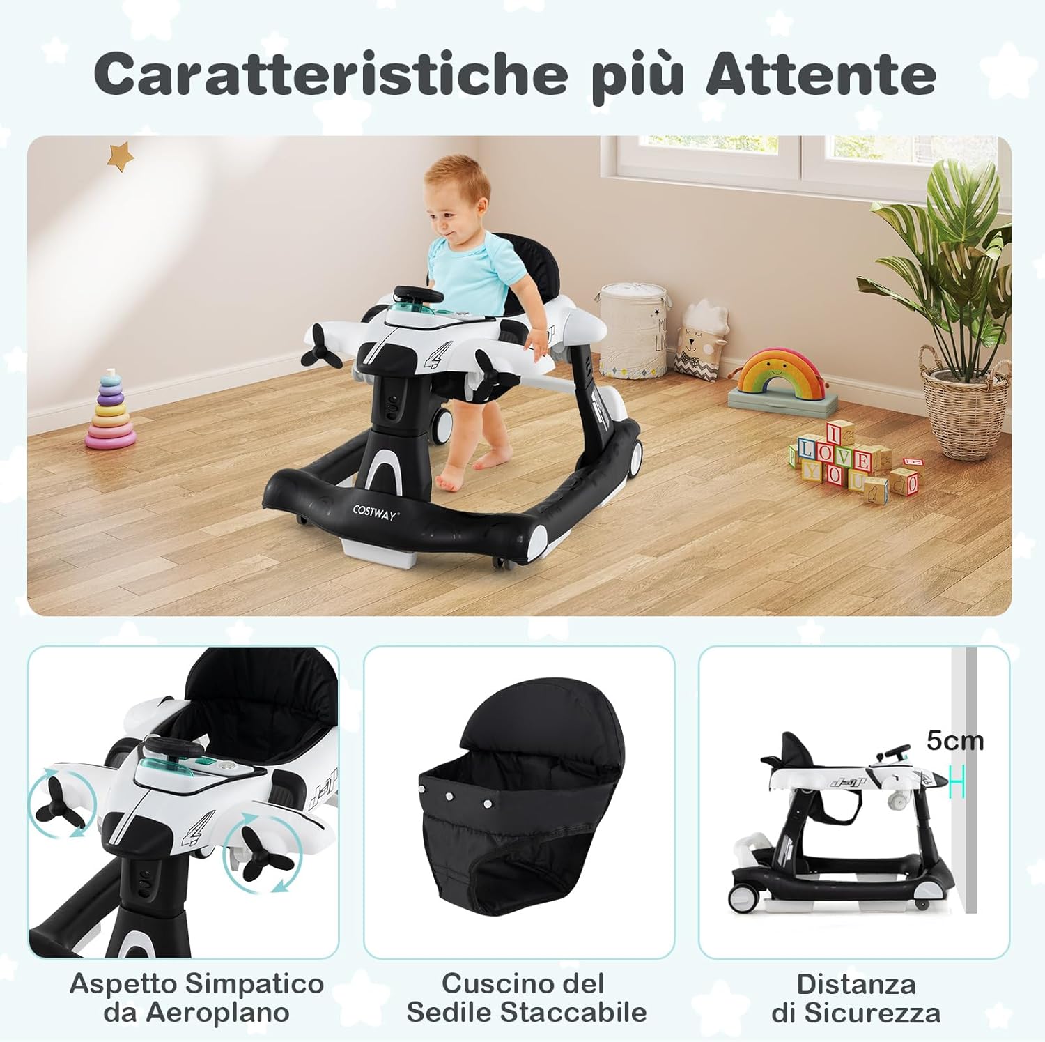 6 in 1 Girello per Bambini, Girello Pieghevole con Altezza Regolabile a 3 Livelli, Scatola Musicale Rimovibile, Vassoio per Alimenti, Portata 12 kg, per Bambini di 6-18 Mesi (Bianco)