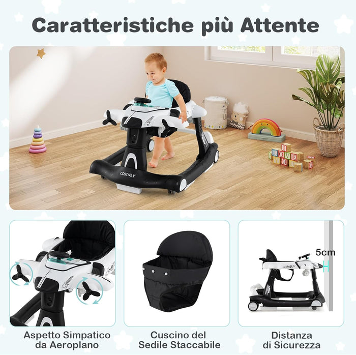 6 in 1 Girello per Bambini, Girello Pieghevole con Altezza Regolabile a 3 Livelli, Scatola Musicale Rimovibile, Vassoio per Alimenti, Portata 12 kg, per Bambini di 6-18 Mesi (Bianco)