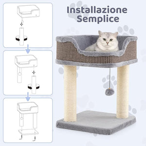 Albero per Gatti 38 x 38,5 x 51 cm, Torre per Gatti con Posatoio in Peluche, Pali Graffianti in Sisal e Palla Pendente, Centro Attività Moderno per Animali Domestici (Grigio)