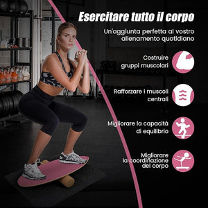 Balance Board in Legno, Tavola di Equilibrio con Rullo e Tappetino per Allenamento Skateboard Hockey Snowboard Surfing, Attrezzi 3 in 1 per Esercizi Equilibrio e Tonificazione Core