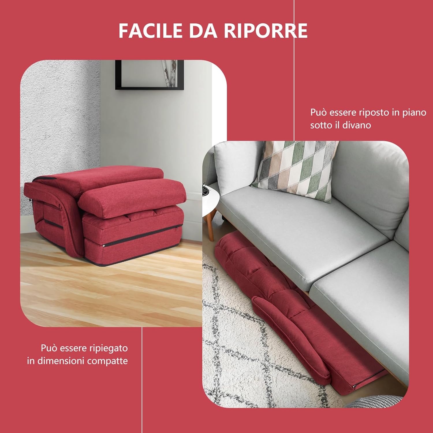Poltrona Divano con 5 Livelli Regolabili, Sedia da Terra con Braccioli e Cuscino, Struttura in Acciaio, Multifunzione e Pieghevole per Soggiorno Camera da Letto, 55x66x71 cm (Rosso)