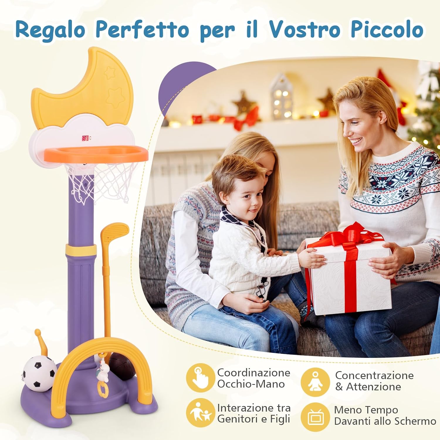 4 in 1 Canestro da Basket per Bambini, Centro di Attività Sportiva Regolabile con Basket Calcio Golf e Gioco del Lancio dell'Anello, per Interno ed Esterno, 3 Anni+ (Giallo)