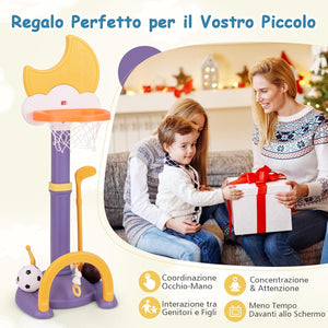 4 in 1 Canestro da Basket per Bambini, Centro di Attività Sportiva Regolabile con Basket Calcio Golf e Gioco del Lancio dell'Anello, per Interno ed Esterno, 3 Anni+ (Giallo)