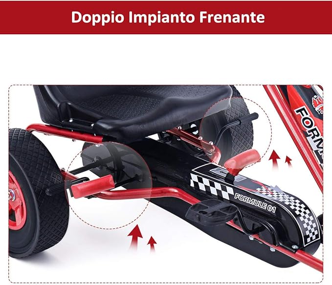Go Kart a Pedali per Bambini, con Sedile Regolabile e Freno a Mano, Go Kart Veicolo per Bambini 3-8 Anni, Portata Massima 30 kg (rosso)