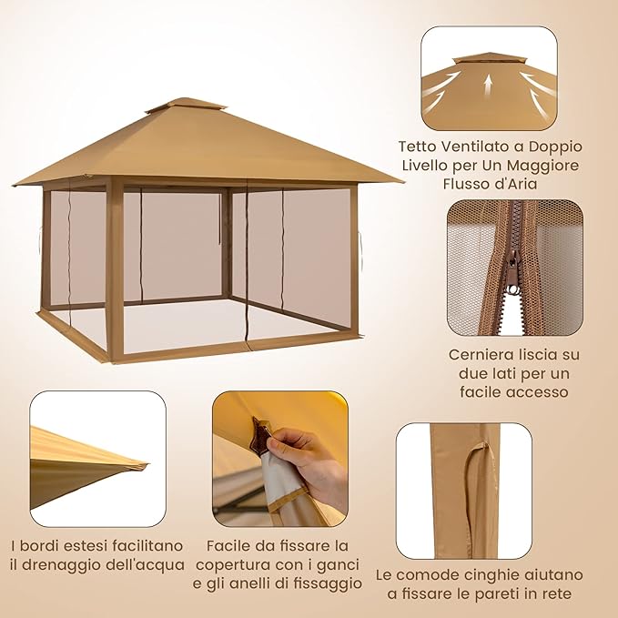 Gazebo Pieghevole da Giardino 4 x 4 m, Altezza Regolabile, Gazebo Pop-up con Zanzariera, Borsa di Trasporto, Doppio Tetto Ventilato e per Giardino Patio e Cortile (Cachi)