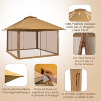 Gazebo Pieghevole da Giardino 4 x 4 m, Altezza Regolabile, Gazebo Pop-up con Zanzariera, Borsa di Trasporto, Doppio Tetto Ventilato e per Giardino Patio e Cortile (Cachi)