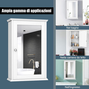 Armadio a Specchio da Bagno a 2 Ripiani, Armadietto Mobiletto per Bagno da Muro, Mensola Regolabile, 34 x 15 x 51cm (Bianco)
